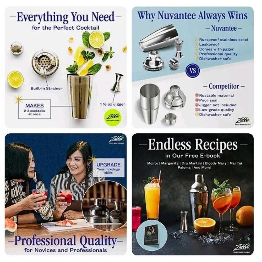Nuvantee Cocktail Shaker Set 24 oz Martini & Drink Mixer w/ Built in Strainer